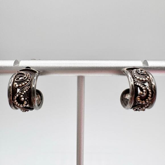 Vintage Silver Bali Style Scroll Beaded Wide Huggie Hoop Earrings Patina 4.08 G - Picture 4 of 15
